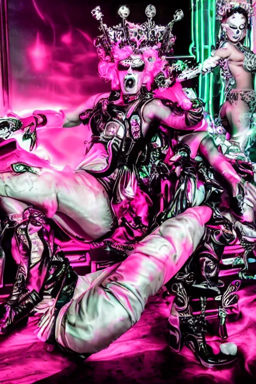 Image similar to full-body rococo and cyberpunk style neon statue of a young attractive Antonio wearing cholo shades macho dotado e rico android sim roupa reclining con las piernas abertas e la piroca dura, ethereal white dripping tar, glowing white lasers, pink tigers, glowing eyes, silver prince crown, black gears, pink diamonds, swirling mint-colored silk fabric. futuristic elements. full-length view. human skulls. large intricate artwork by caravaggio. Trending on artstation, octane render, cinematic lighting from the right, hyper realism, octane render, 8k, depth of field, 3D