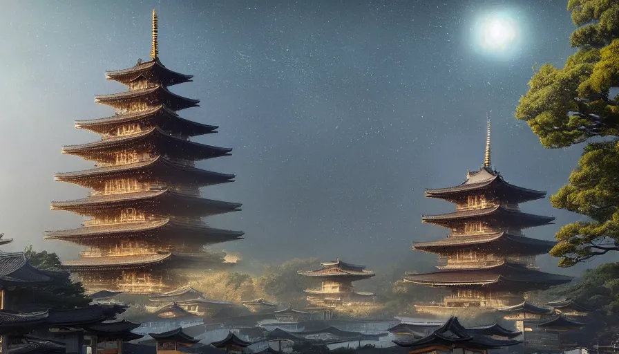 Image similar to a giant alien ufo high tech spaceship eerily hovering on ancient kyoto city landscape with beautiful pagodas by greg rutkowski, artgerm, ross tran, magali villeneuve, intricate, time travel theme, audince in awe, spectacle, audience sorrounding, award winning, octane render, masterpiece, 8 k, beautiful