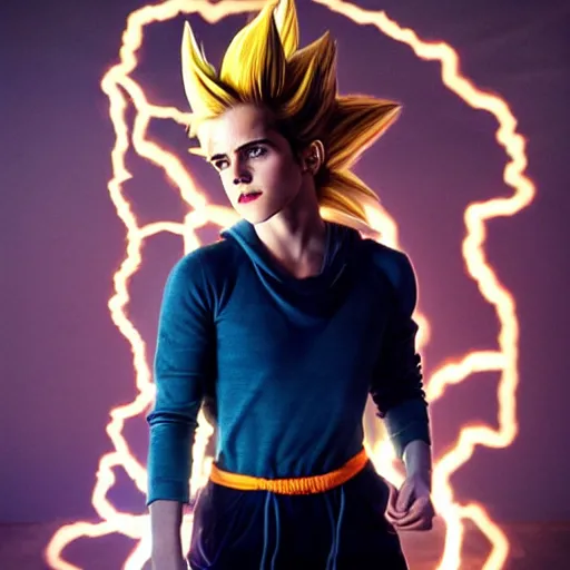 Image similar to face photo of emma watson as super saiyan as goku powering up wearing hoodie electric energy dramatic lighting by annie leibovitz