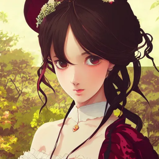 Image similar to portrait of a beautiful girl with dark hair dressed in victorian fashion, royal garden background, rich vivid colors, ambient lighting, dynamic lighting, 4k, official media, anime key visual, makoto shinkai, ilya kuvshinov, rossdraws, detailed, trending on artstation