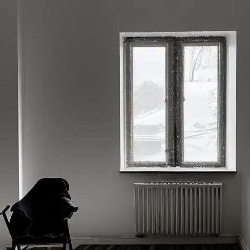 Prompt: “snowy scene low lighting through a window, the room is all white, small table and chair, low light, peaceful scene, environment concept, 4K, UHD”