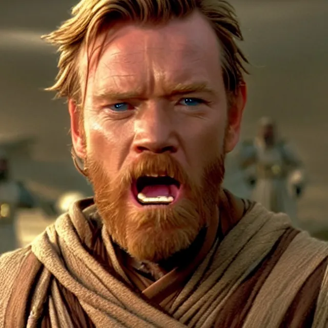 Image similar to still image of obi - wan kenobi sticking out his tongue and crossing his eyes, ewan mcgregor, live - action, star wars movie, cinematic
