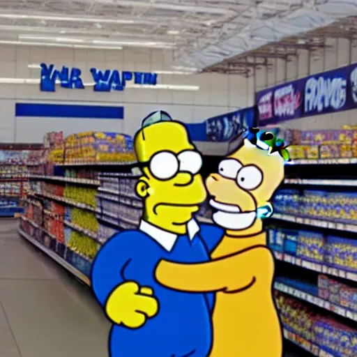 Prompt: peter griffin and homer simpson at a walmart