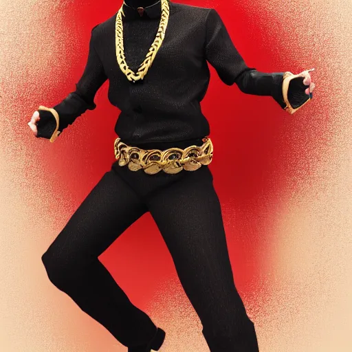 Image similar to a highly detailed full-length man with dark brown short hair, a dark beard, in black and red clothes, with a gold chain and a gold belt, artstation, DeviantArt, professional, octane render