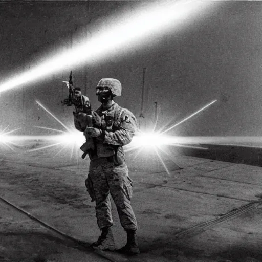 Image similar to U.S. military men in a battle using holographic warrrfare and electronic psychotronic laser devices