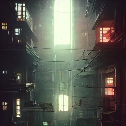 Image similar to One dilapidated building with only one window glowing. ArtStation, Cyberpunk, Vertical Symmetry, 8K, Highly Detailed, Intricate, Album Art.