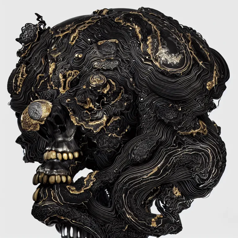 Image similar to black background. absolutely symmetrical sculpture. centered. goddess princess face close-up portrait ram skull. sculpture made of gold and black charcoal. jellyfish phoenix head, nautilus, orchid, skull, betta fish, bioluminiscent creatures, intricate artwork by Tooth Wu and wlop and beeple. octane render, trending on artstation, greg rutkowski very coherent symmetrical artwork. cinematic, hyper realism, high detail, octane render, 8k