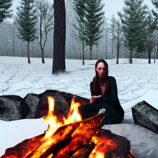 Image similar to a beautiful woman made out of snow and ice sitting by a campfire and slowly melting, by iris van herpen, unreal engine 5, outdoor campfire pit