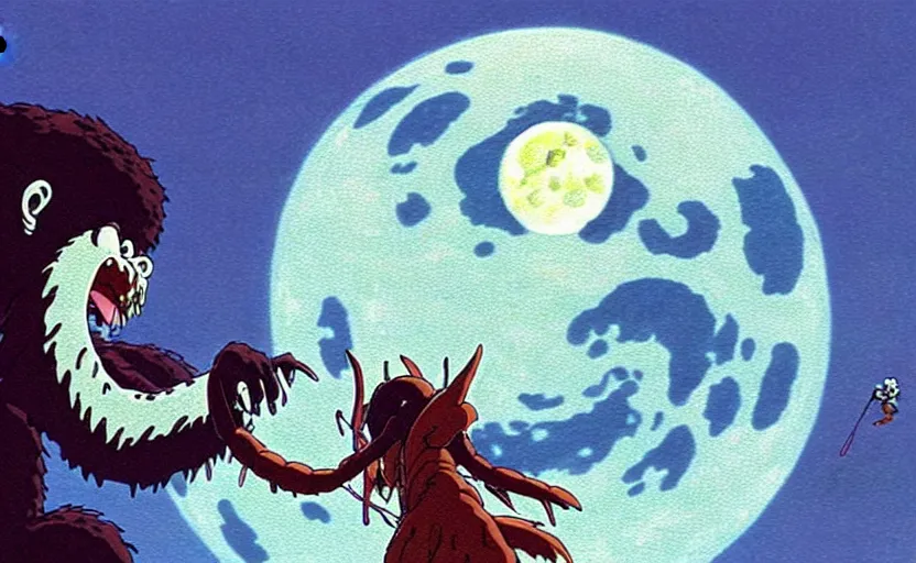 Prompt: a still from a studio ghibli movie of a cartoon cthulhu fighting king kong from princess mononoke ( 1 9 9 7 ), in front of a pale full moon, full body, wide shot, very dull muted colors, studio ghibli, highly detailed, deviantart, art by artgem