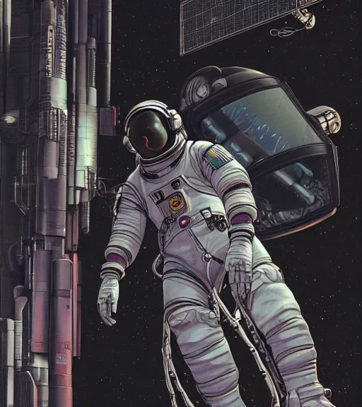 Image similar to cyberpunk japanese astronaut with long limbs and a black spacesuit on a spacewalk outside of their ship, techwear, Industrial Scifi, detailed illustration, character portrait, by Martin Grip and Moebius