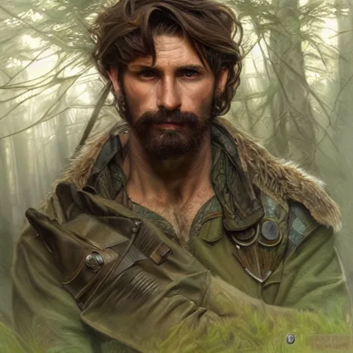 Prompt: portrait of rugged male ranger in the forest, masculine, D&D, muscular, fantasy, intricate, elegant, highly detailed, digital painting, artstation, concept art, smooth, sharp focus, illustration, art by artgerm and greg rutkowski and alphonse mucha