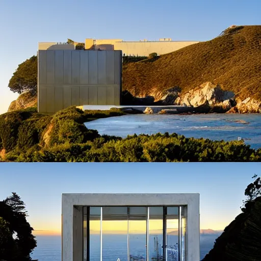 Prompt: castle designed by renzo piano overlooking big sur. landscape design by andre le notre. w 1 0 8 8