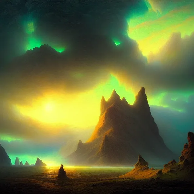 Prompt: fantasy aerial iceland landscape is seen inside the human eye!!!!!, volumetric lighting, colorful, sharp and focus, ultra detailed, beautifully lit landscape, astrophotography, in the art style of dan mumford, ivan aivazovsky and marc simonetti