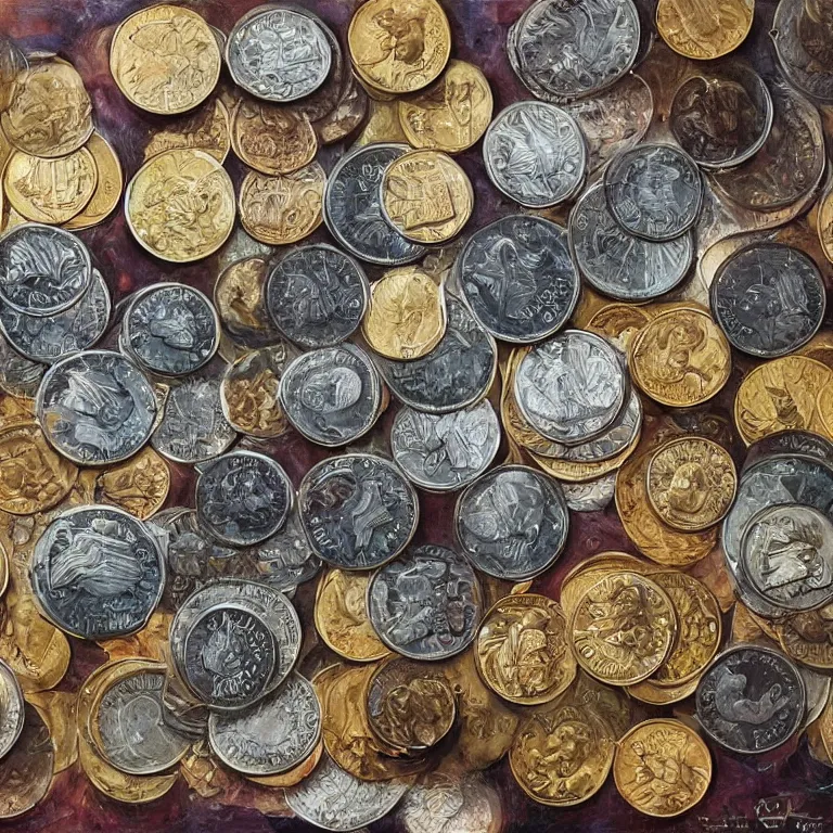 Prompt: modern coin shop and lots of coins. cinematic. intricately detailed acrylic painting