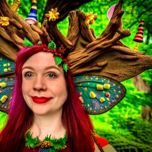 Image similar to a person wearing a jester hat that is a miniature fairy land made of tree limbs and magical tiny teklevisions, film strip theme, soft look, highly detailed, hdr