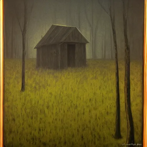 Image similar to a painting of a eerie cabin in the middle of the woods in the style of beksinski