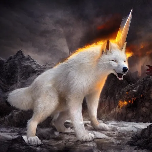 Prompt: angry devil white polar fox with sharp teeth wearing medieval armor presented as god of destruction, ice and fire, postapocalyptic world, hyperrealistic, highly detailed