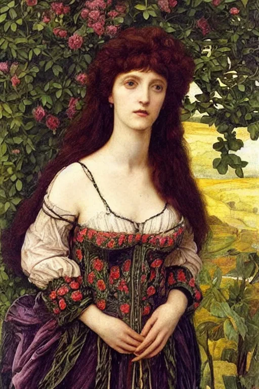 Prompt: a pre - raphaelite portrait of a woman in a mythical dress with floral decoration