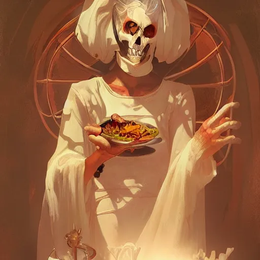 Image similar to A necromancer being served dinner by skeletons, digital painting, detailed, artstation, pixiv, Krenz Cushart, Greg Rutkowski, Alphonse Mucha, Artgerm