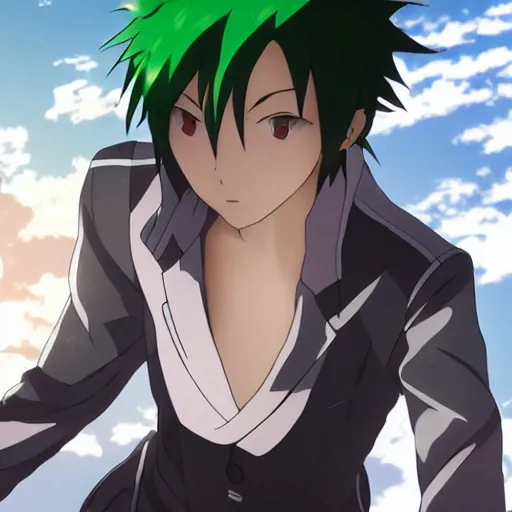 Image similar to fencer, anime style, green hair, dark, makoto shinkai, animated, animation, detailed, illustration, moody