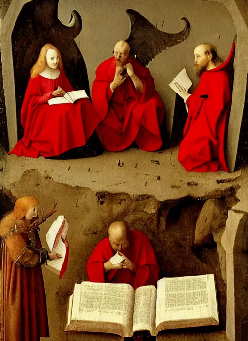 Image similar to fallen angels dressed in red reading the bible and arguing in Tuscany by Jan van Eyck, Hieronymus Bosch, Johannes Vermeer 4k post-processing, highly detailed medieval painting