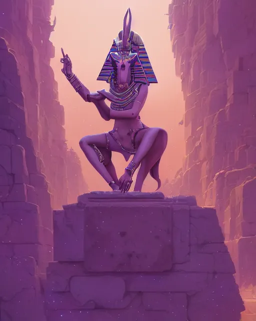 Image similar to highly detailed vfx portrait of anubis, pyramid behind, sky galaxy purple, unreal engine, greg rutkowski, loish, rhads, beeple, makoto shinkai and lois van baarle, ilya kuvshinov, rossdraws, tom bagshaw, alphonse mucha, global illumination, detailed and intricate environment