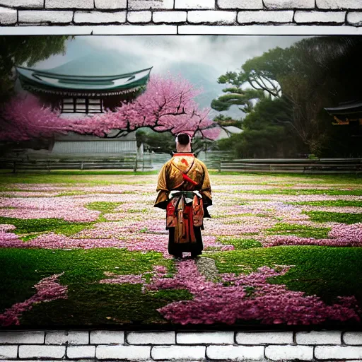 Image similar to samurai, cherry blossom, japanese temple, landscape, wide angle, digital art, irina french, heraldo ortega, mandy jurgens, golden ratio, art canvas, award winning, masterpiece trending on artstation 8 k 1 5 0 mpx