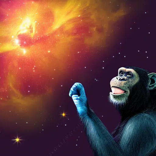 Image similar to a chimpanzee floating through outer space reaching out and touching nebula with it's finger, digital art, 8k