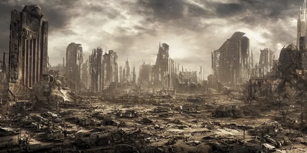 Prompt: nuclear fallout, city ruins wasteland, dark future, dark sci - fi,