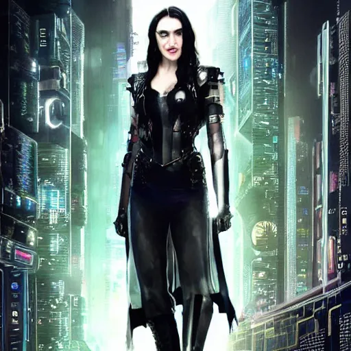 Image similar to Katie McGrath as Cyberpunk Morgana