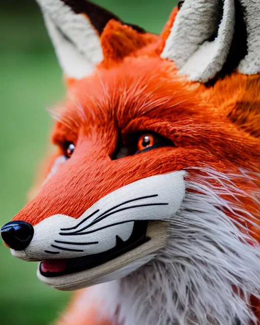 Prompt: portrait photo still of a fox fursuit, 8 k, 8 5 mm f 1. 8, fursuit