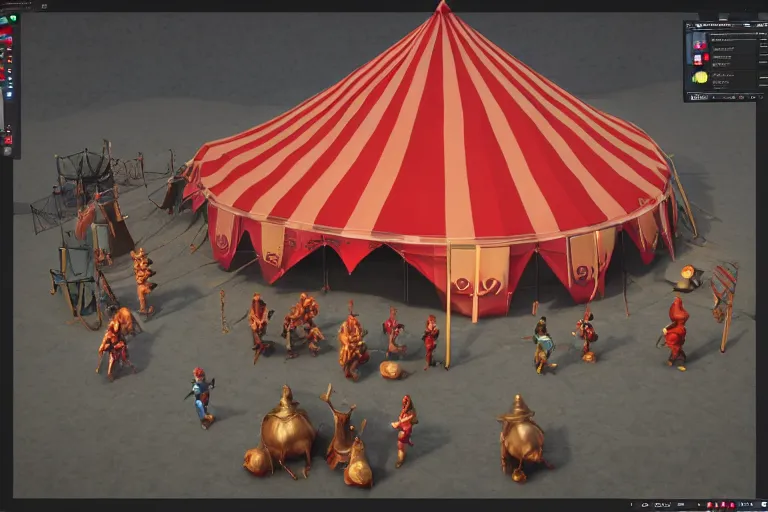 Prompt: 3d sculpt of a huge evil circus tent, artstaton, League of Legends, red dead redemption2, overwatch, digital illustration