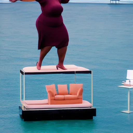 Image similar to the oprah winfrey show on a floating platform in empty space