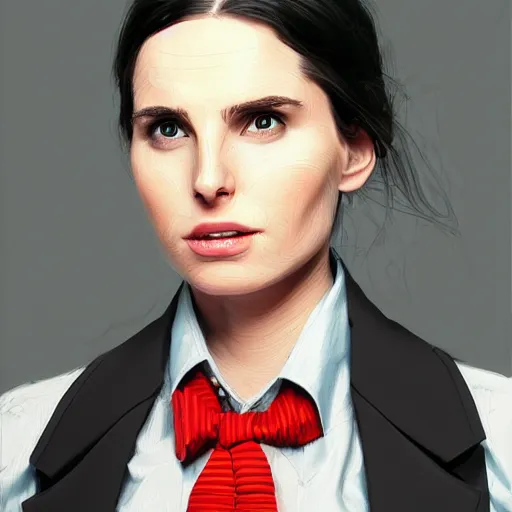 Prompt: A masterpiece portrait of a Female version of Christian Bale Patric Bateman from American Psycho. In good office suit. medium shot, intricate, elegant, highly detailed. trending on artstation, digital art, by Stanley Artgerm Lau, WLOP, Rossdraws, James Jean, Andrei Riabovitchev, Marc Simonetti, Yoshitaka Amano