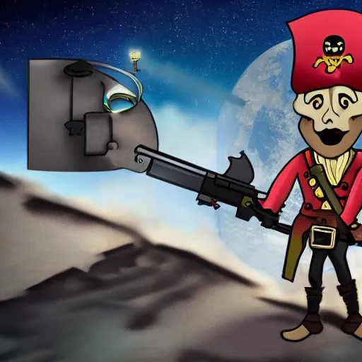 Image similar to a pirate holding a machine gun standing on top of a space ship