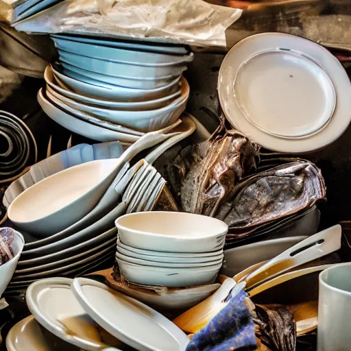 Prompt: photograph of a kitchen counter piled with dirty disgusting dishes. dirty plates and dirty cups stack three or four dishes high. dirty forks knives and spoons are standing up in a clear dirty glass in the pile of dirty dishes, filth and grim,