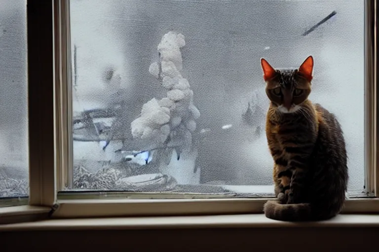 Prompt: cat sitting on the windowsill wrapped in a plaid, Mushroom cloud far behind