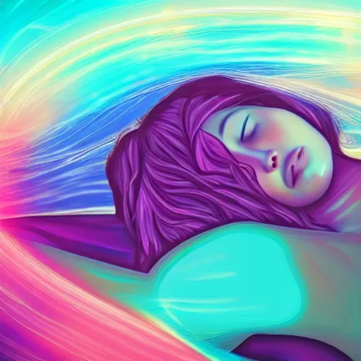 Prompt: This digital art is a beautiful example of use of color and light. The digital art depicts a woman reclining on a couch, with her head turned to the side and her eyes closed. The woman's body is bathed in a light, and her skin appears to glow. The artist has used a soft, delicate palette to create a sense of tranquility and serenity. The digital art is elegant and graceful, and the woman's face is incredibly expressive. It is a truly beautiful digital art. pastel by Ryan Stegman realist, colorful
