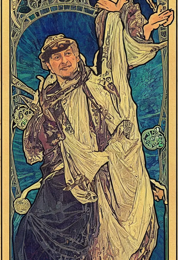 Prompt: old geoffrey hinton as the emperor on a tarot card, tarot in art style by alphonse mucha