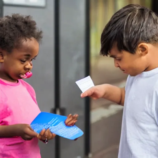 Prompt: a child exchanging a ticket for a coin from an adult, photorealistic