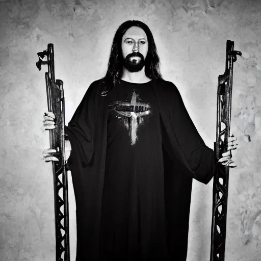 Image similar to studio photo of jesus in a black metal band, studio portrait