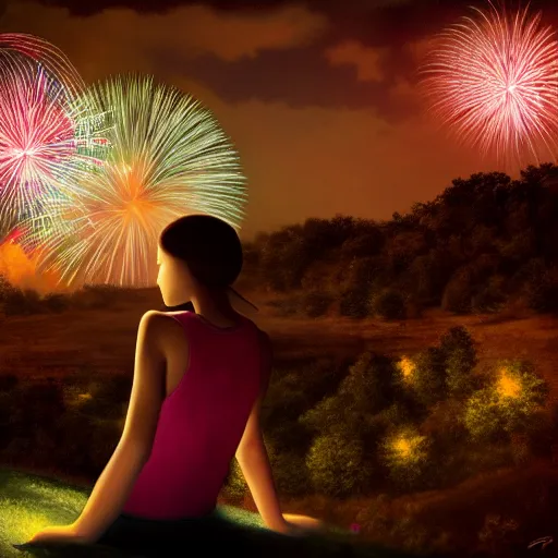 Prompt: girl watching watching fireworks on a hill, digital art, by richard estes, akiyuki shinbou, yoshitaka amano highly detailed, realistic, cinematic, bold colours, photorealism, 4 k, wide angle lens