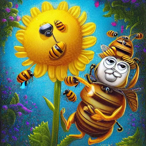 Prompt: bees and flowers and shining sun by Greg Craola Simkins , masterpiece