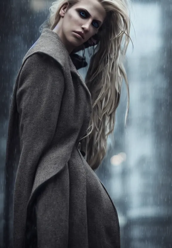 Image similar to cosmopolitan model annie leonhart posing in dunwall city, beautiful face, detailed face, realistic eyes, cinematic lighting, rainy weather, melancholy atmosphere, volumetric light, gothic architecture, realistic reflections, model agency, instagram photo, depression atmosphere, shot on sony a 7 iii