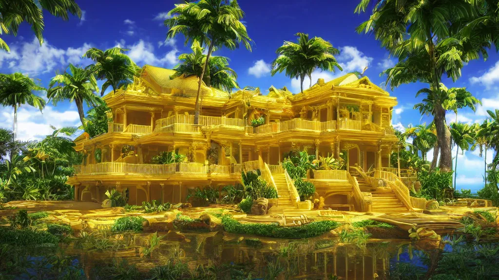 Image similar to golden mansion in a vaporwave jungle, 4k, ultra realistic, award winning photograph