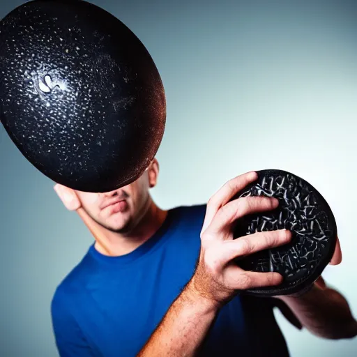 Prompt: photo man with hockey puck instead of head, realistic, cinematic, high detail