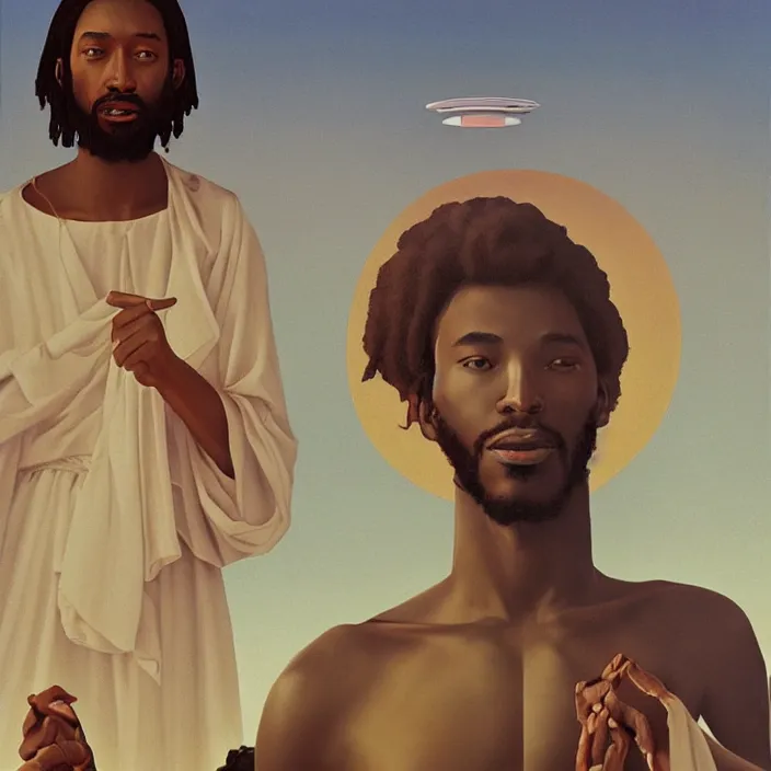 Image similar to UFO hovering over an African Jesus ,painting by Hsiao-Ron Cheng,