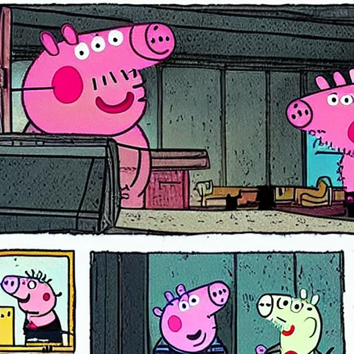 Prompt: Peppa Pig in a scene from Predator 2 movie, realistic, cinematography