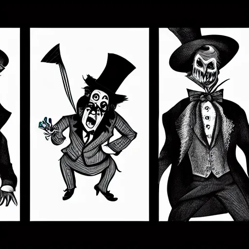 Image similar to a Pop Wonder scary horror themed goofy-hilarious-character Mad-Hatter-babadook-wearing a scarf, 3-piece-suit, dime-store-comic drawn with charcoal and pen and ink, half-tone-line-stacking