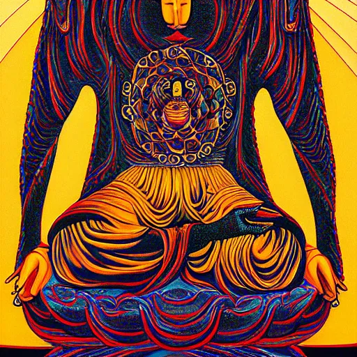 Prompt: the buddha recursively folding in on itself by “alex gray”
